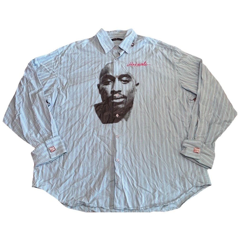 Makaveli Branded Tupac Shakur Shirt 3XL‎ Hip Hop Striped Button Up Rap VTG Y2K